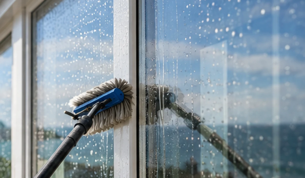 Professional exterior cleaning on a coastal property